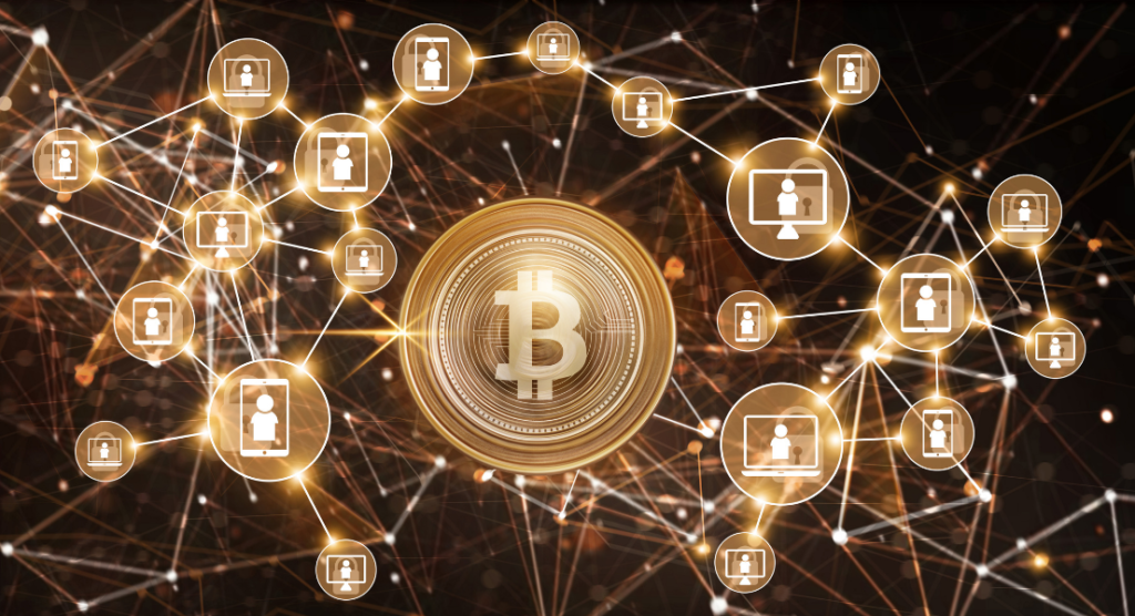 a golden bitcoin and a network of blockchain transactions