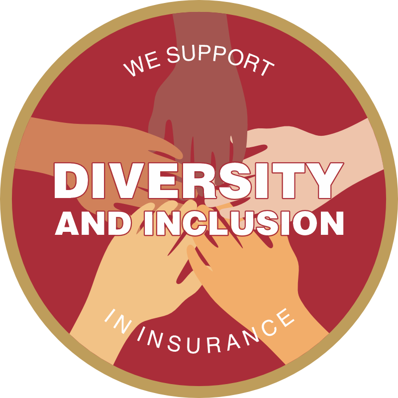 a badge with 5 different skin-colored hands touching in the center. the badge reads "we support diversity and inclusion in insurance"