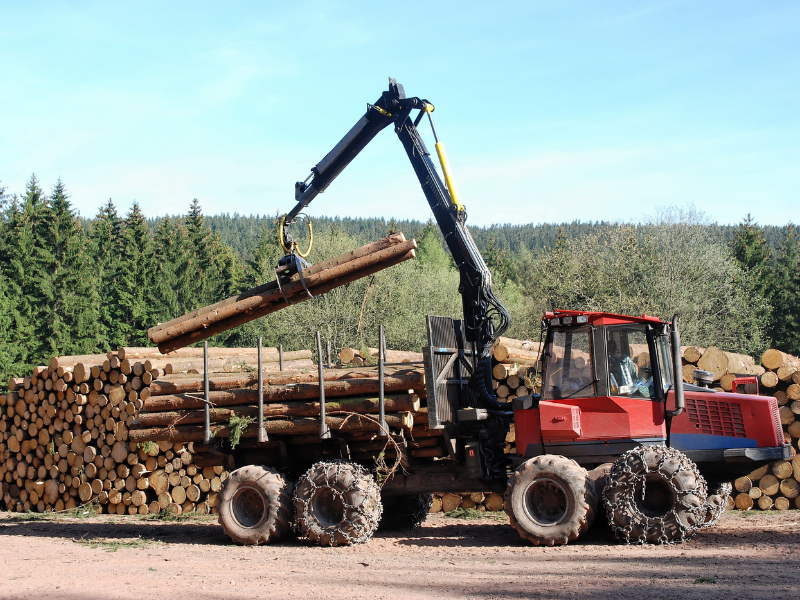 Someone operating heavy machinery to move logs in the forestry industry